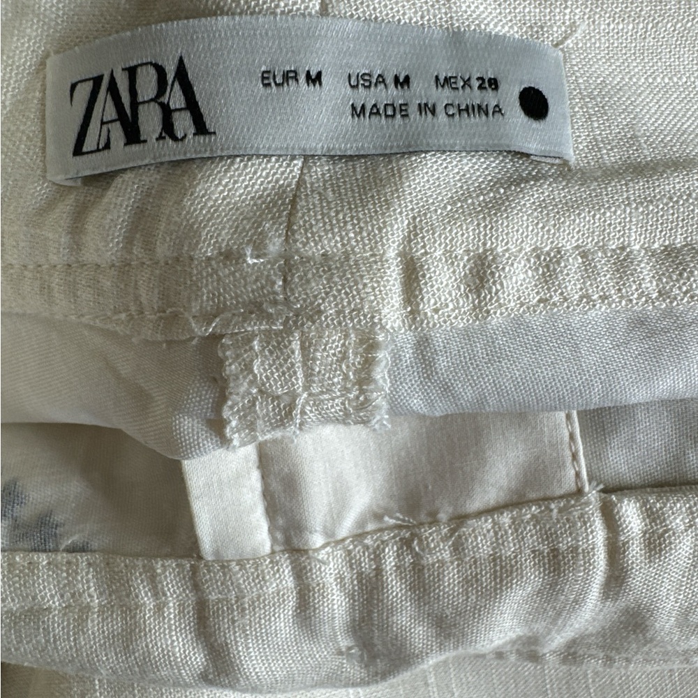 ZARA Ecru & Black High Waist Embroidered Detail Wide Leg Linen Trousers, Size M. - Picture 9 of 13